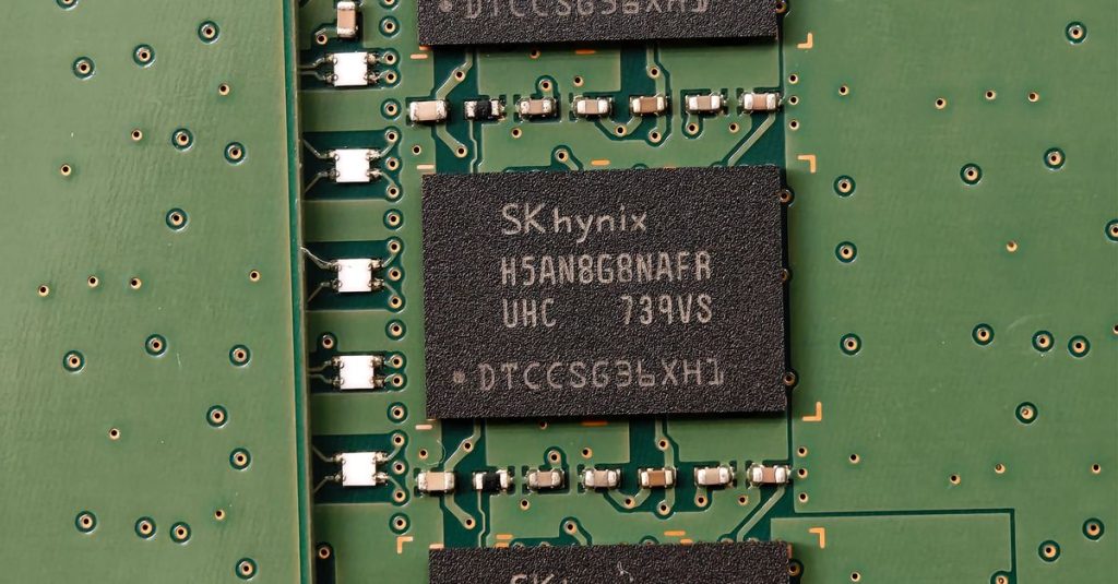 Detailed view of SK hynix DRAM chips on a green circuit board featuring electronic components.