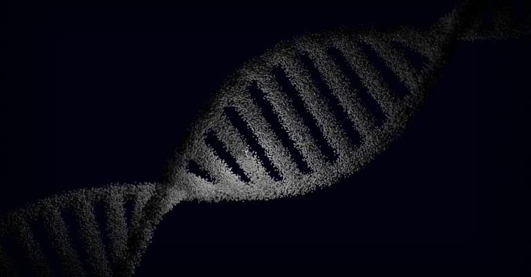 Artistic rendering of a DNA strand with particle effects against a dark background.