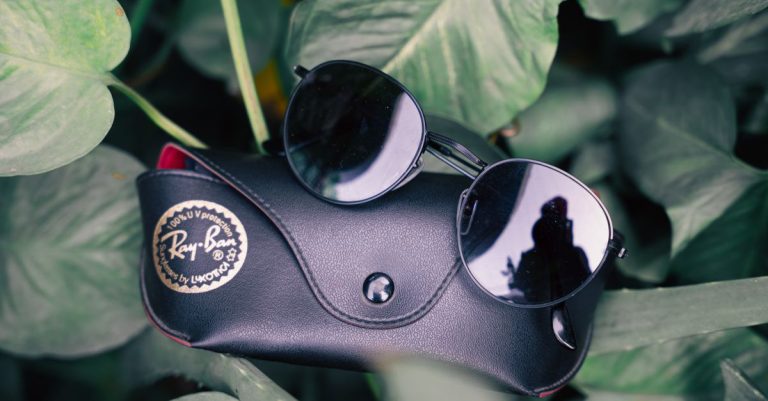 Close-up of Ray-Ban sunglasses resting on a black case surrounded by lush green leaves.