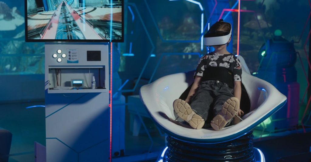A child immersed in a futuristic virtual reality game with neon lights and advanced technology.